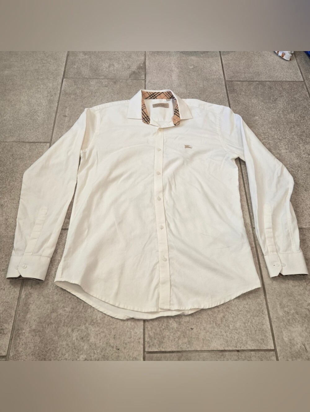 Authentic Burberry Men L White Long Sleeve Dress Shirt Nova Check Collar 3976559